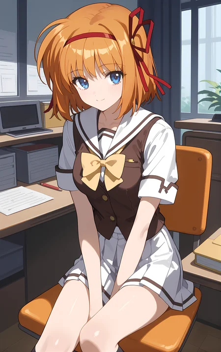 (score_9,score_8_up,score_7_up),light smile, shiny skin,ohwx, 1girl, solo, ribbon, red_ribbon, red_hairband, hair_ribbon, blue_eyes, orange_hair, short_hair, hairband, breasts,school_uniform, bow, yellow_bow, white_sailor_collar, serafuku, white_skirt, yellow_bowtie, vest, bowtie, kneehighs, socks, office, desk, chair,<lora:kaede_fuyou_pony_sobsynapse-000003:1>