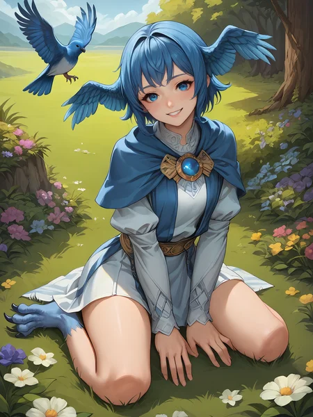 score_9, score_8_up, score_7_up,
masterpiece, best quality,highres, absurdres, very authentic,anime,
HDA_MasterpieceXL_v.1,
1girl,<lora:meteion_FF14_2:0.85>, meteionFF14, bird girl, blue eyes, blue hair, head wings, feather, short hair, bangs,
brooch, blue capelet, dress, long sleeves,
(blue bird legs, monster girl, blue talons), bird tail,
outdoors, flowers, grass, wariza, sitting on ground, blue birds,
looking at viewer,smile,teeth,tilted head,full body,
<lora:add-detail-xl:1>