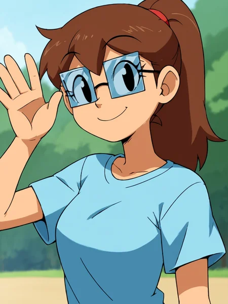 score_9, score_8_up, score_7_up, score_6_up, BREAK, S0s4n, 1girl, solo, black eyes, long hair, brown hair, glasses, ponytail, blue shirt, smile, upper body, raise left arm, day, outdoor, waving, looking at viewer, Volumetric Lighting <lora:Susan-000006:1>