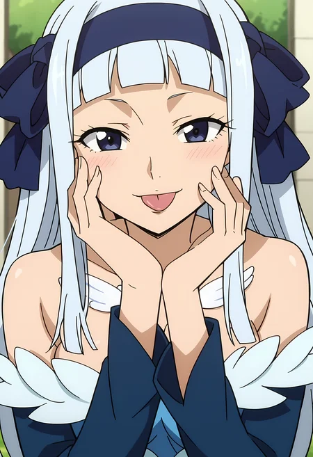 score_9, score_8_up, score_7_up, source_anime, 2d, Sorano Agria, 1girl, white hair, long hair, blue eyes, big breasts, white tattoo, blue hairband, blue dress, anime coloring, anime screencap, detailed eyes, zPDXL, perfect faces, uncensored, rating_explicit, <lora:sorano_agria_0-000040:1>, hand on face, smile, tongue out,