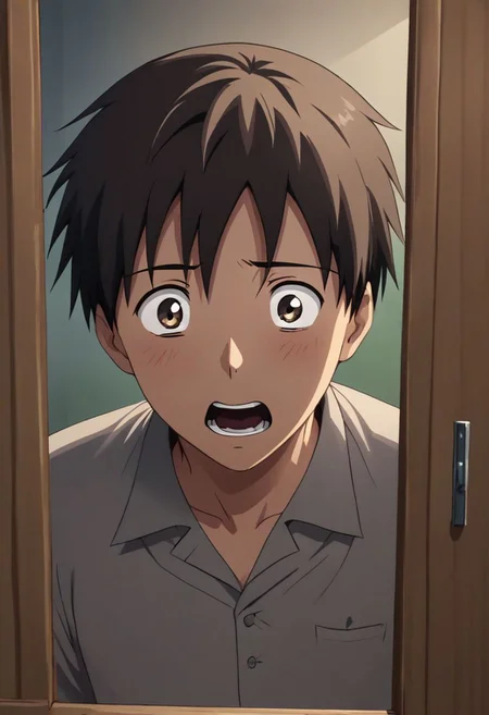 high resolution, solo, best quality, 1Boy, Takaki Toono, Brownish Hair, Brown Eyes, surprised, peeking out, OverallDetail