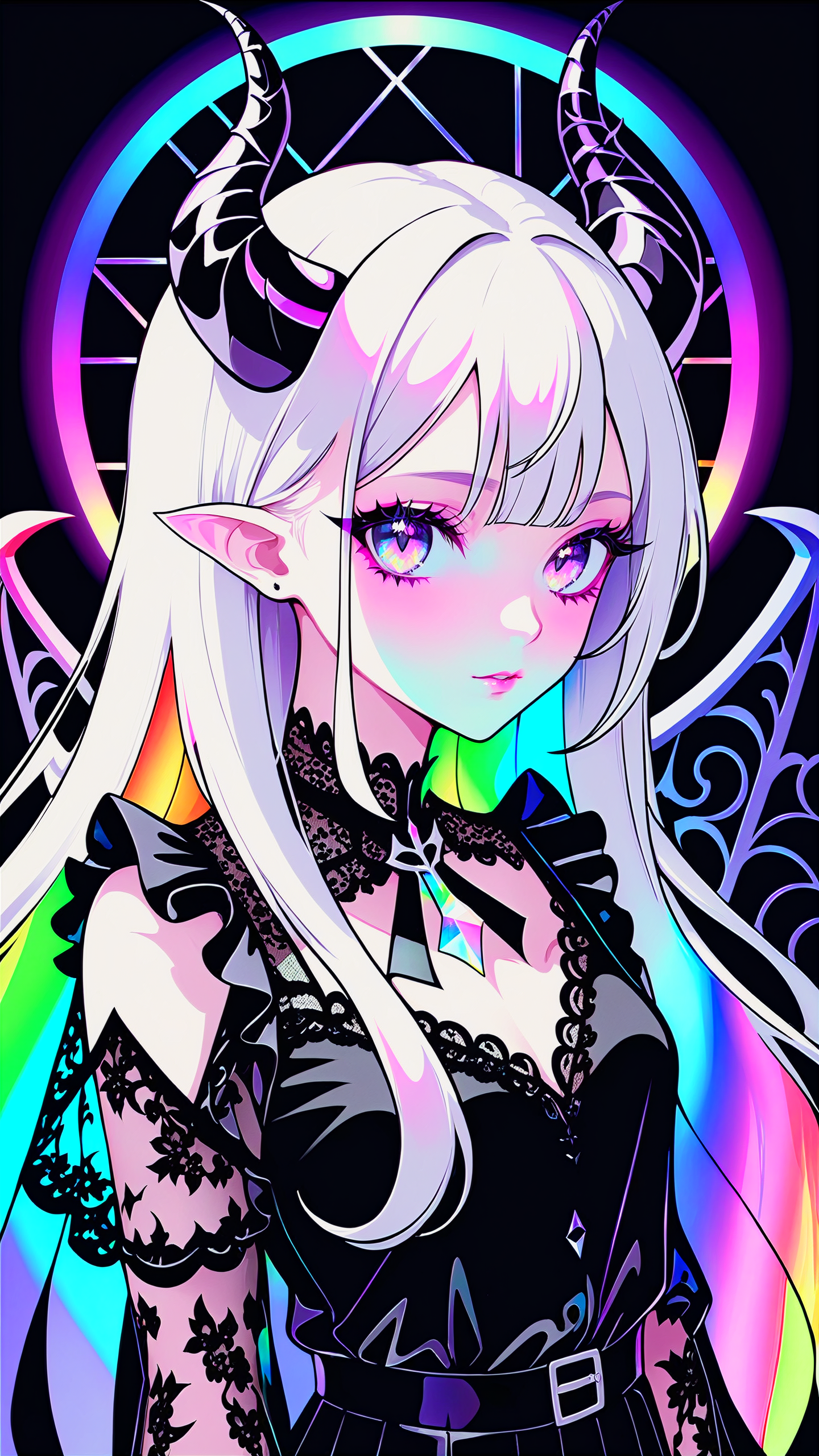 pale demon girl , prismatic coloring, holographic vibe, chromatic black lace blouse, gothic background, (long straight horns:1.2)