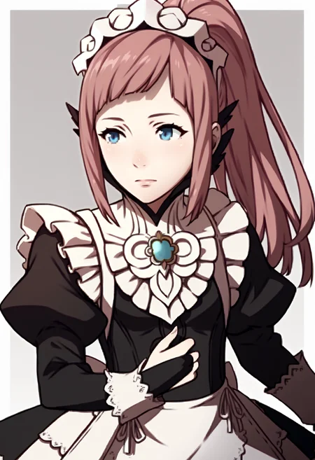 score_9, score_8_up, score_7_up, source_anime BREAK 1girl, solo, <lora:zs_AwakeningPortraitsXL:1>awakeningportraits, portraits, white background, <lora:felicia-fe-richy-v1_xl:1> feliciadef, pink hair, ponytail, blue eyes, maid headdress, brooch, maid apron, black thighhighs, bridal gauntlets
