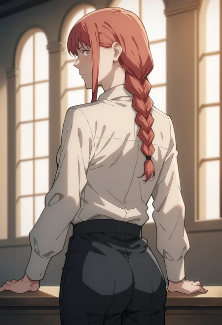 score_9, score_8_up, score_7_up, score_6_up, score_5_up, score_4_up,source_anime, indoors in a palace, looking back, embarassed expression<lora:Smooth Anime Style LoRA XL:1> <lora:mak1ma0XL_Pony_v1:1> 1girl, mak1ma0, red hair, long hair, ringed eyes, braided ponytail, white collared shirt, black necktie, black pants
