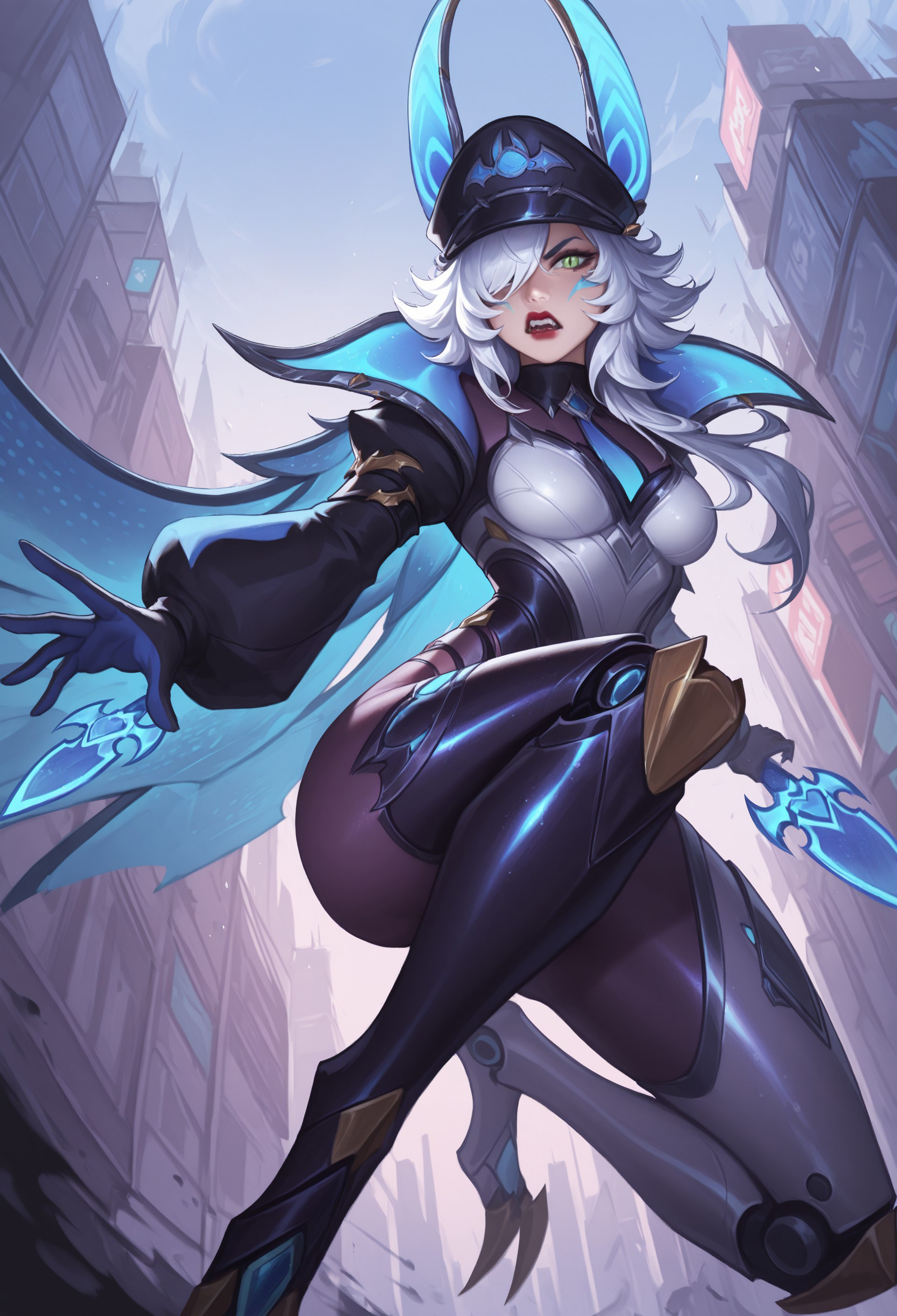masterpiece, best quality, amazing quality, very aesthetic, absurdres, LOLBBXayah, 1girl, mechanical ears, white hair, long hair, hair over shoulder, green eyes, slit pupils, blue facial mark, mechanical legs, red lipstick, medium breasts, hat with ears, black peaked cap, necktie, bodysuit, gloves, puffy long sleeves, collared cape, floating, outdoors, city, knee up, from below, hat over one eye, jumping, angry, throwing dagger, dynamic pose, looking at viewer