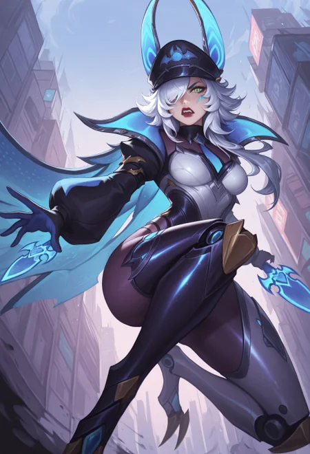 masterpiece, best quality, amazing quality, very aesthetic, absurdres, LOLBBXayah, 1girl, mechanical ears, white hair, long hair, hair over shoulder, green eyes, slit pupils, blue facial mark, mechanical legs, red lipstick, medium breasts, hat with ears, black peaked cap, necktie, bodysuit, gloves, puffy long sleeves, collared cape, floating, outdoors, city, knee up, from below, hat over one eye, jumping, angry, throwing dagger, dynamic pose, looking at viewer