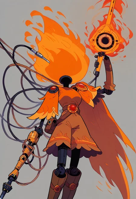 score_9, score_8_up, score_7_up,
lord_of_frenzy, fire head,
holding magic spear,
novakin, faceless, no eyes, no mouth, no nose, no facial features, short fiery yellow orange hair, body made of black plasma,
magical girl outfit, steampunk dress, boots, brown shorts, black tights, medium breasts, belt,
simple background, grey background,
reelmech, mechanical parts, cable, wires, machinery, joints, body suit,
adventure time