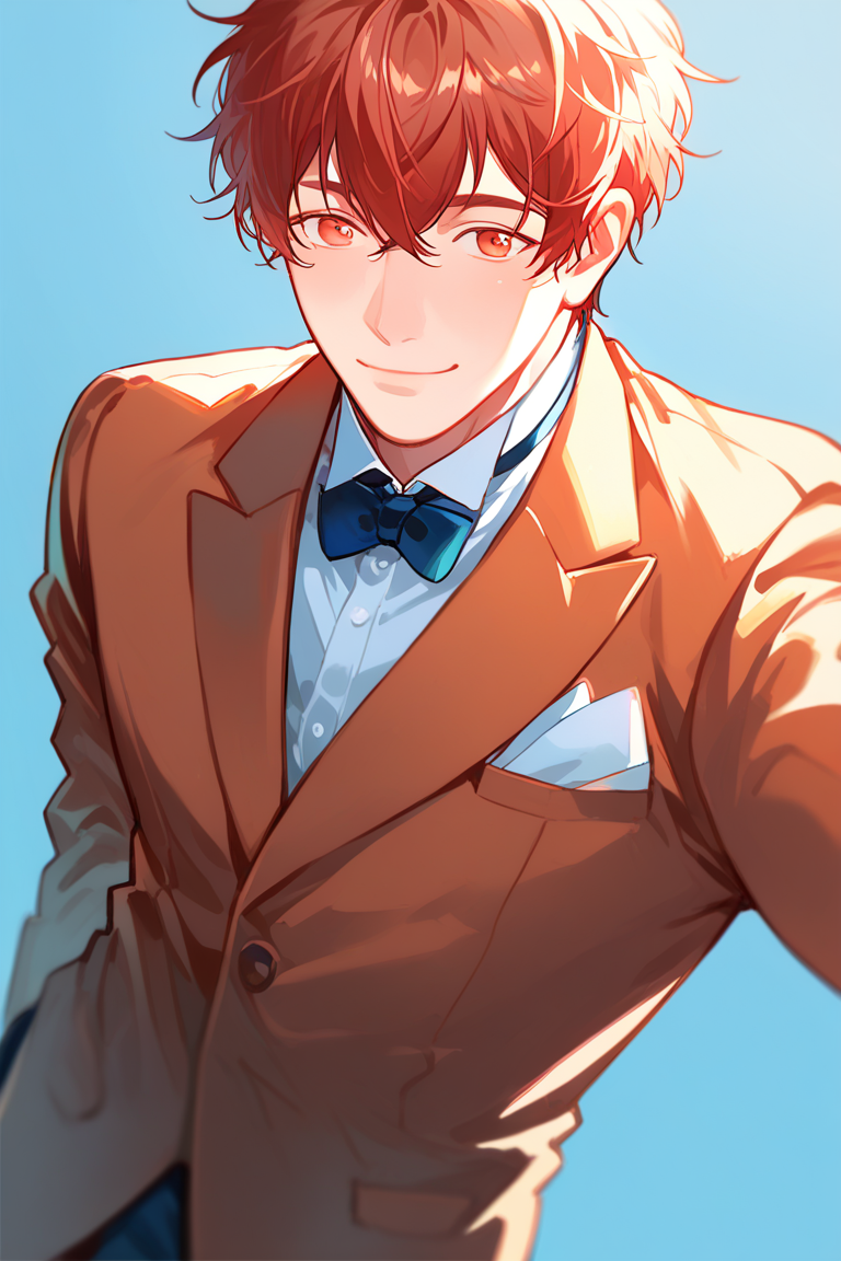 score_9, score_8_up, score_7_up, source_anime, rating_questionable, realistic shading, sidelighting, 1stmale focus, looking away, expressive cute face, mafuyugiven, brownish red_mafuyu_1stmale hair, orange_mafuyu_1stmale eyes, 1stboy, closed mouth, smiling, shiny skin, standing, posing, formal cosplay, orange suit, cowboy shot, simple plain blue background, from below, foreshortening, dutch angle, dynamic angle, intricately detailed illustration, depth of field