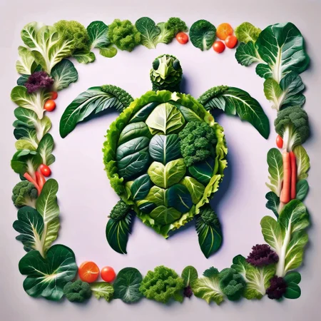 ral-sld sea turtle made out of leafy greens, swimming in an ocean, vibrant coral reef made out of vegetables