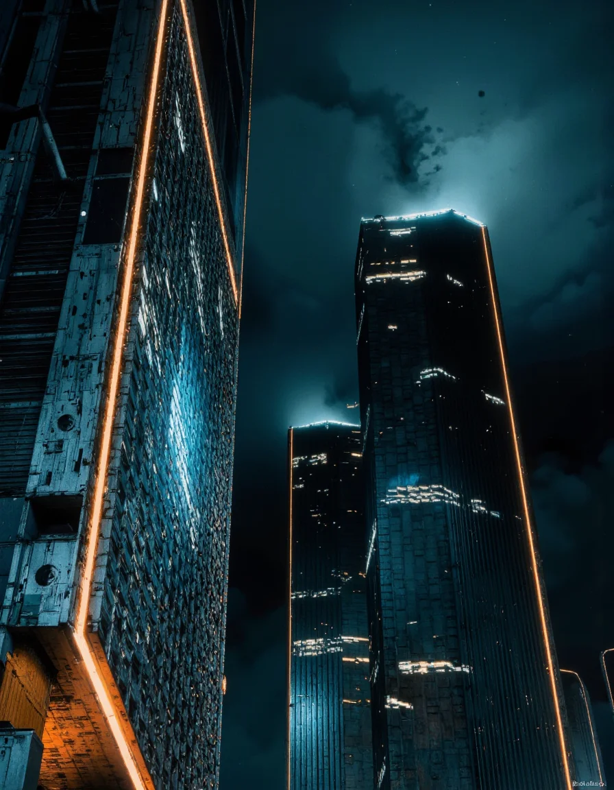 By Paul Chadeisson. A digital illustration shoot from a low angle view about a futuristic cityscape at night, featuring tall, metallic skyscrapers with glowing blue and orange lights. the image also shows a dramatic, futuristic scene with a dark, sci-fi atmosphere. on the left side of the image, a tall, futuristic building with a glowing grid pattern is visible, and on the right side, another tall building is visible. the cityscape is illuminated by a bright light source, creating a contrast between the glowing grid patterns and the dark, smoky atmosphere. the scene is set against a backdrop of dark, cloudy skies, with a few streaks of light visible from the building. in the bottom right corner, there is a watermark that reads "paul chadelson". the image has a high resolution and a cinematic feel.