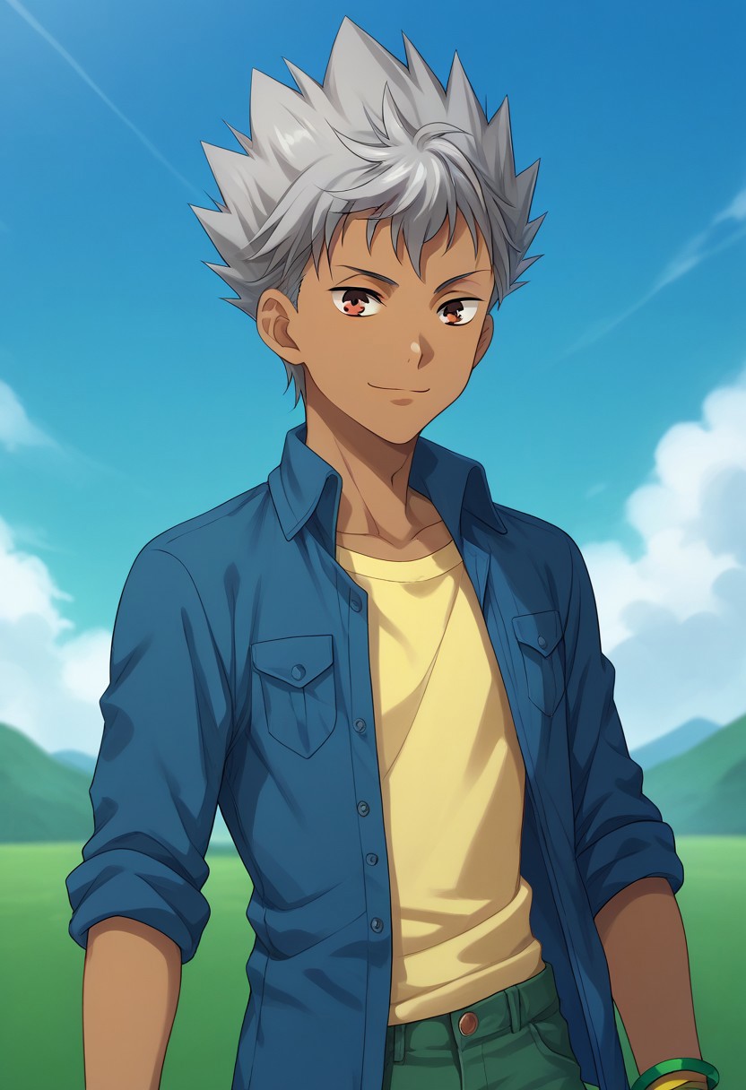 score_9, score_8_up, score_7_up, source_anime, highly detailed, 
kazuki, 1boy, male focus, solo, grey hair, spiked hair, brown eyes, dark skin, dark-skinned male, shirt, blue shirt, sleeves rolled up. open shirt, open clothes, yellow shirt, jewelry, bracelet, pants, green pants, upper body, smile,
outdoor, sky