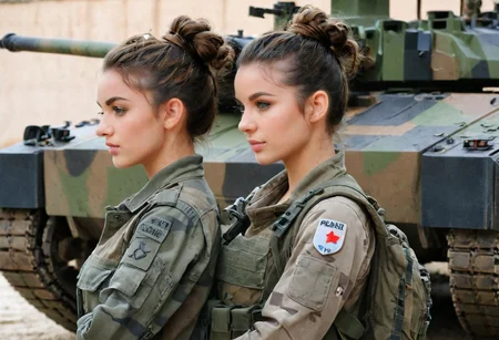 French, french badge, female soldier, 1girl, brunette, messy bun, camo military fatigues, camo military fatigues, outdoor, barracks, LECLERC tank, loving gaze