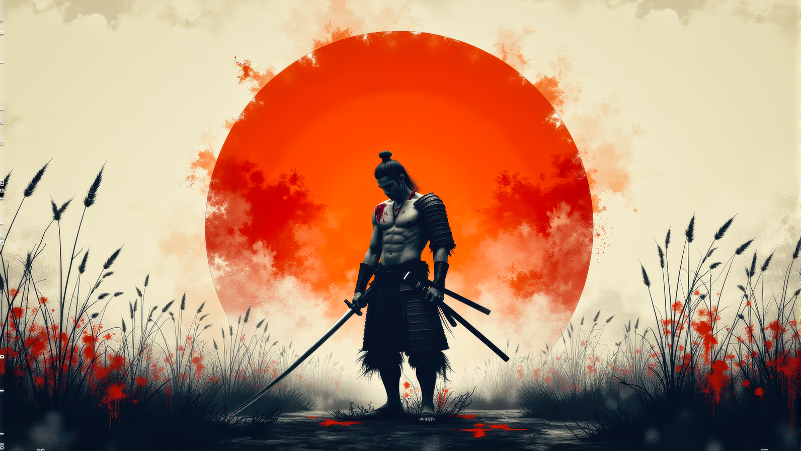 A minimal Anthotype print of the last weary samurai standing after an intense battle.   He wears no armor nor any helmet. He holds his sword in hand.  He is battered, bruised, and bleeds from several minor wounds.  He is weary, disgusted, disheartened, and saddened at the lives that were lost.  A prominent orange rising sun dominates the background.  This is a full frame body shot, from head to feet, providing a environmental wide angle view of the entire body.  intricate details, masterpiece, best quality.  Soft volumetric lighting.  <flux_realism_lora:0.42> <FluxDFaeTasticDetails:0.36> <BaroqueColorful:0.48>