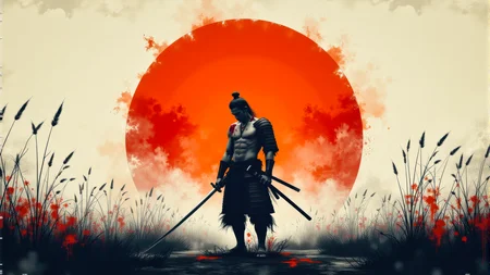 A minimal Anthotype print of the last weary samurai standing after an intense battle. He wears no armor nor any helmet. He holds his sword in hand. He is battered, bruised, and bleeds from several minor wounds. He is weary, disgusted, disheartened, and saddened at the lives that were lost. A prominent orange rising sun dominates the background. This is a full frame body shot, from head to feet, providing a environmental wide angle view of the entire body. intricate details, masterpiece, best quality. Soft volumetric lighting. <flux_realism_lora:0.42> <FluxDFaeTasticDetails:0.36> <BaroqueColorful:0.48>