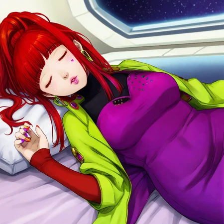 masterpiece, best quality, 1girl, solo, sq, red hair, jewelry, earrings, purple eyes, lips, nail polish, makeup, long hair, ponytail, jacket, dress, spaceship room background, sleeping on a bed