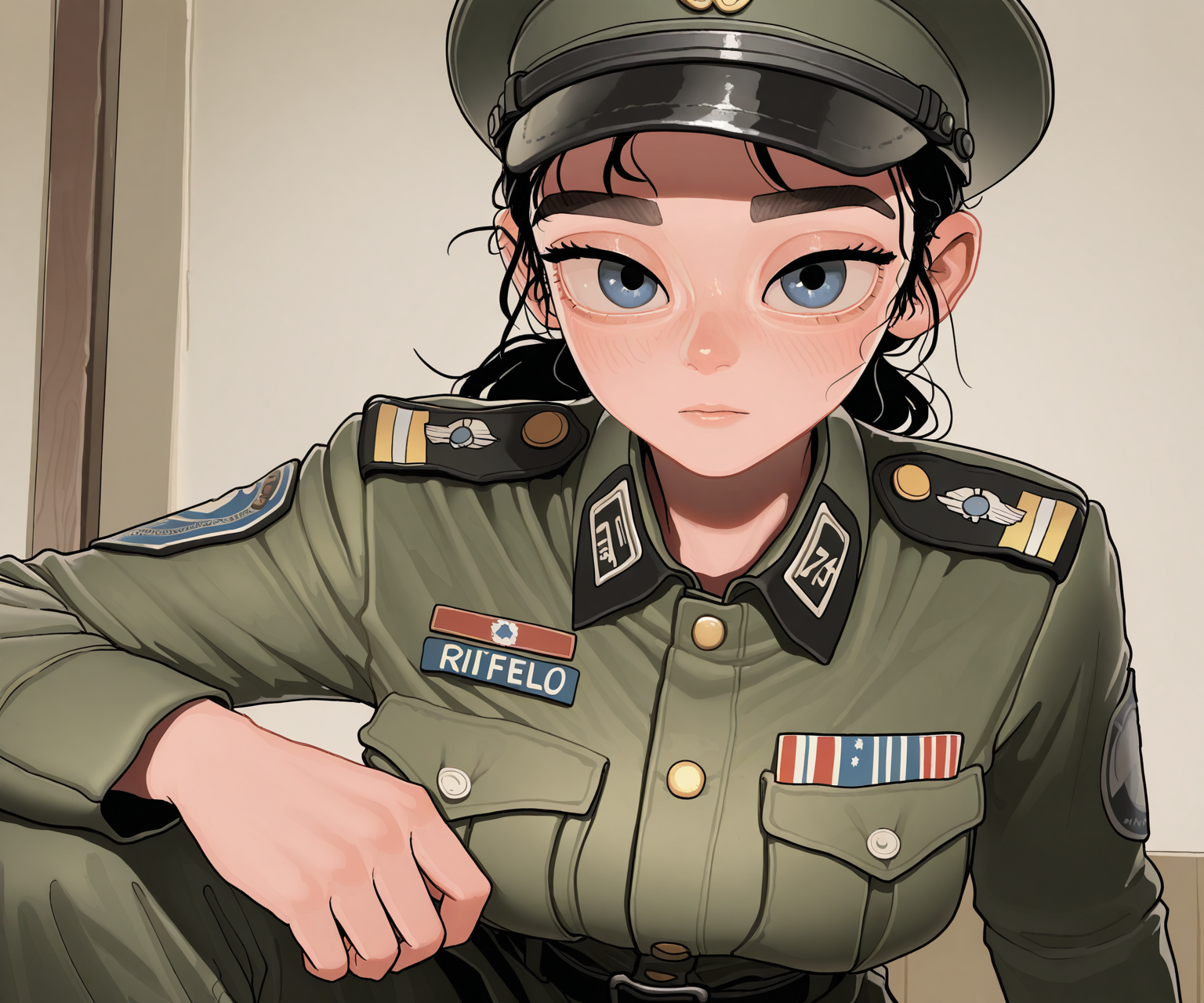 masterpiece, best quality, amazing quality, , 1girl, solo, military uniform,  <lora:Rifleman style ILL-v2:1> riflemanstyle