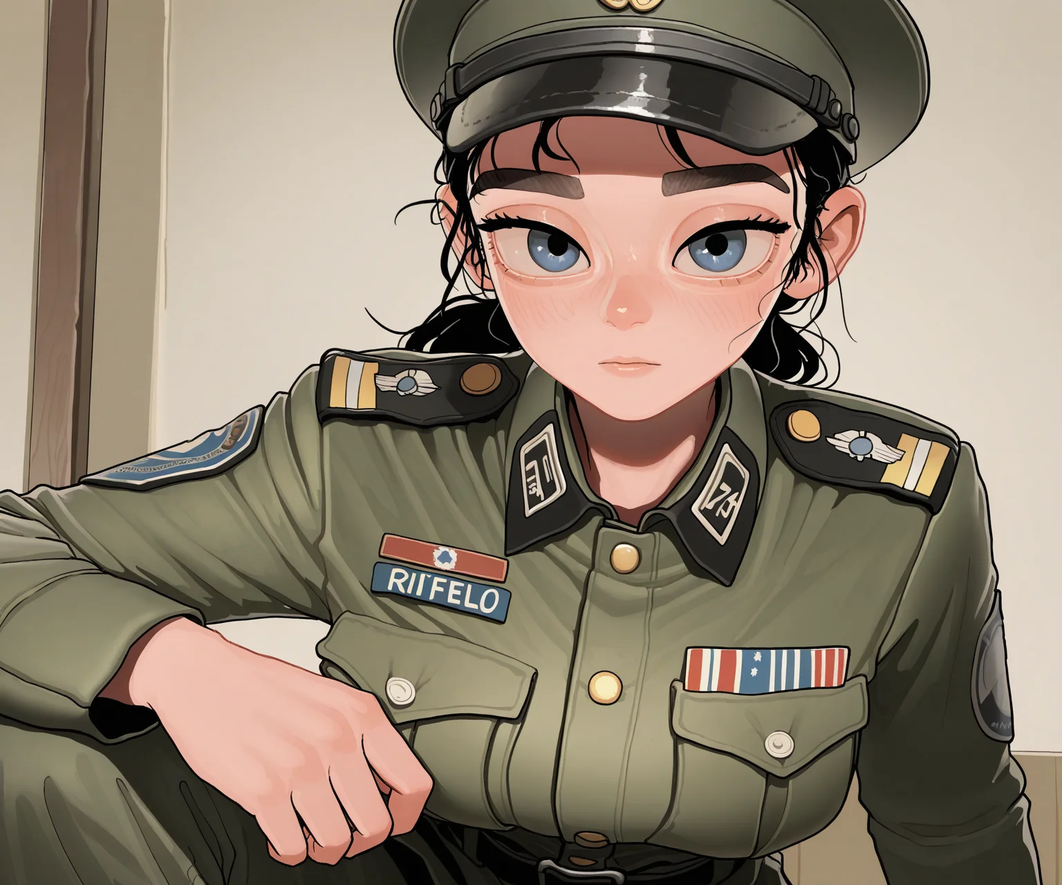 masterpiece, best quality, amazing quality, , 1girl, solo, military uniform, <lora:Rifleman style ILL-v2:1> riflemanstyle