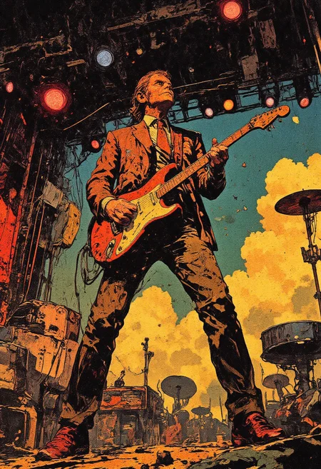 President Richard Nixon circa 1969 playing electric guitar on the main stage at Woodstock festival 1969, in the style of cksc,, surreal atmosphere, vibrant colors, dynamic composition, Frazetta style, detailed textures, energetic vibes, cultural commentary