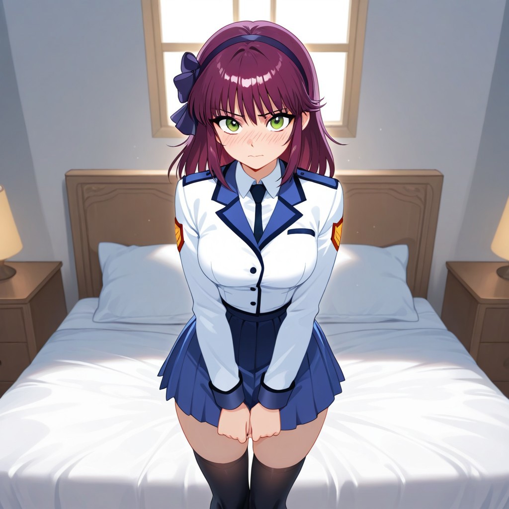 (very detailed background:1.0), (highly detailed background:1.0), (Masterpiece), High Quality, (1girl, solo),
 <lora:AngelBeasts_Yuri-05:0.35>, <lora:AngelBeatsStyle:0.3>,
Angelbeats_Yuri, purple hair, SSS_Uniform,  white and blue uniform, green eyes, hairband, medium hair, skirt, thighhighs, black thighhighs, zettai ryouiki, hair bow,
standing, embarrassed, blush, blush lines, looking at viewer,  medium breasts, 
bedroom, bed, bedsheets, pillow,