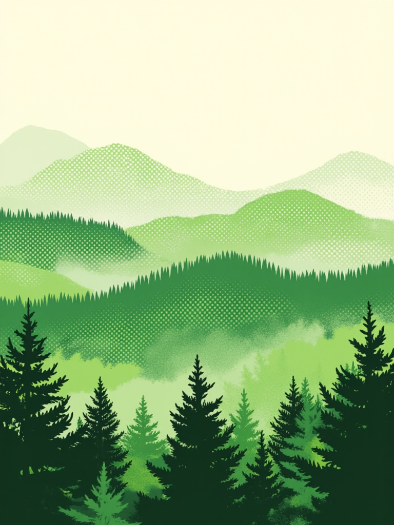 halftone_glitch, a lush green forest with trees and mountains made of dots in the background. The trees are a vibrant green color, and the mountains are a lighter shade of green. The sky is a bright white, creating a peaceful and serene atmosphere.<lora:General Flux\darkdescent-halftone-glitch.safetensors:0.9:1.0>