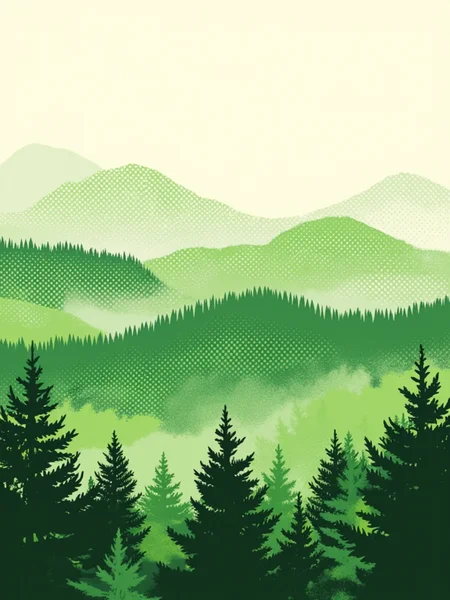 halftone_glitch, a lush green forest with trees and mountains made of dots in the background. The trees are a vibrant green color, and the mountains are a lighter shade of green. The sky is a bright white, creating a peaceful and serene atmosphere.<lora:General Flux\darkdescent-halftone-glitch.safetensors:0.9:1.0>