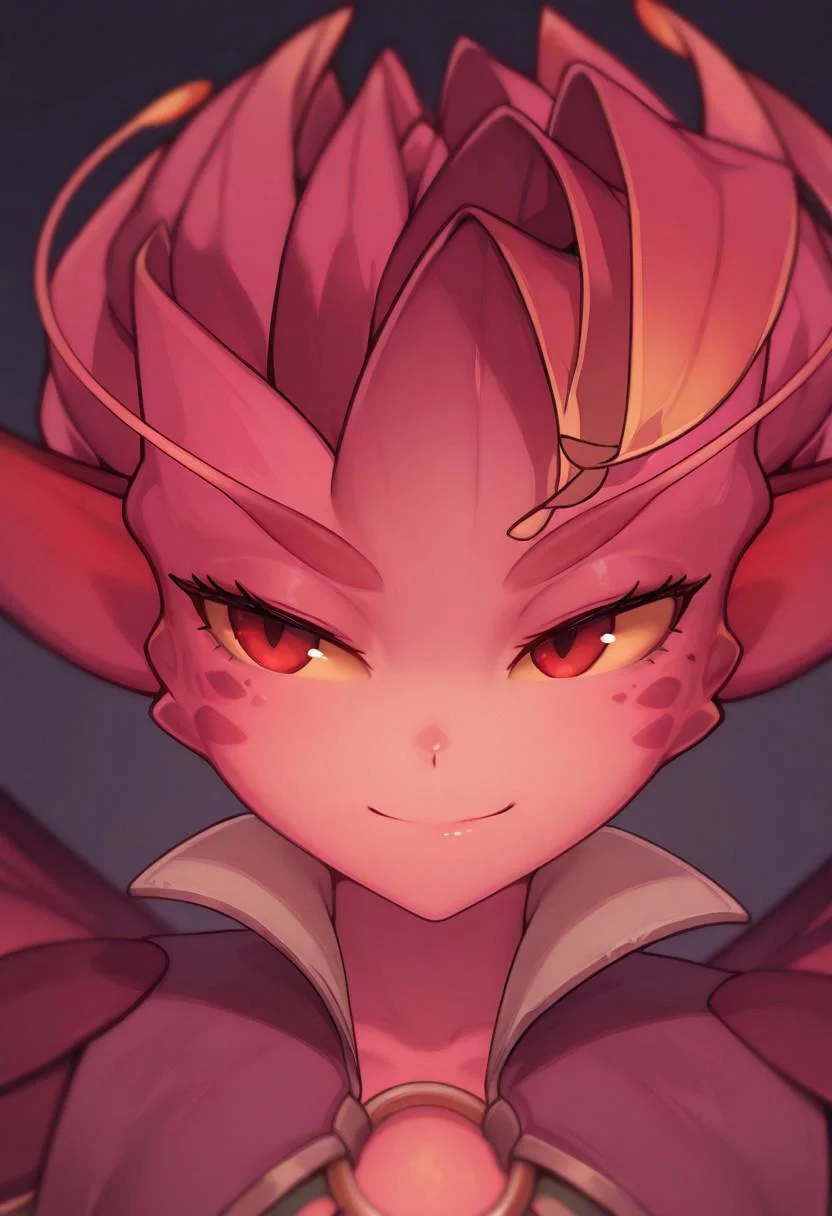 score_9_up, score_8_up, score_7_up, cute, seductive, light smile, , slender body, depth of field, dynamic angle, fashion photography, sharp, ,dark_willow_dota2,dark_willow_dota2, shawl, defaultskin, wings,yellow sclera,red eyes,,close up,face close up,