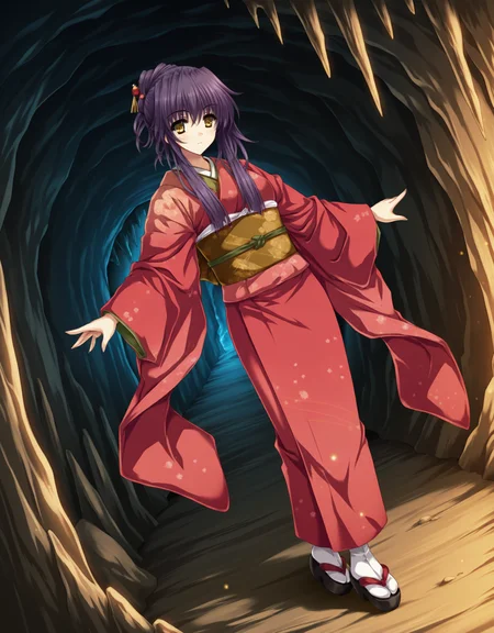 masterpiece,best quality,very aesthetic,zPDXL,
1girl,<lora:yae_new:0.8>,japanese clothes,yae_d3,solo,kimono,purple hair,long hair,hair ornament,obi,red kimono,sash,hairpin,open_eyes,full body,standing,yellow eyes,hairpin,furisode,indoors,cave,close-up,dynamic_angle,dynamic_pose,