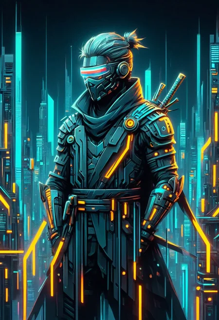 ninjas, A closeup of fantastical image of a ninjas Standing with folded arms across chest, standing at the end of the tower, darkness of night fall, Their filled with power and determination, clad in flowing, flowing long scarf, scarf ornate, The sword is behind the body, a flock of blackbirds flying, tall cyberpunk building city, cyberpunk city, neon city, outline, glowing, shiny, scifi, neon lights, intricate artistic color, cinematic light, radiant, vibrant, perfect symmetry, Grayscale, Dramatic spotlight, very dark, highly color focused, dynamic motion, mad-cybrpnkimprss