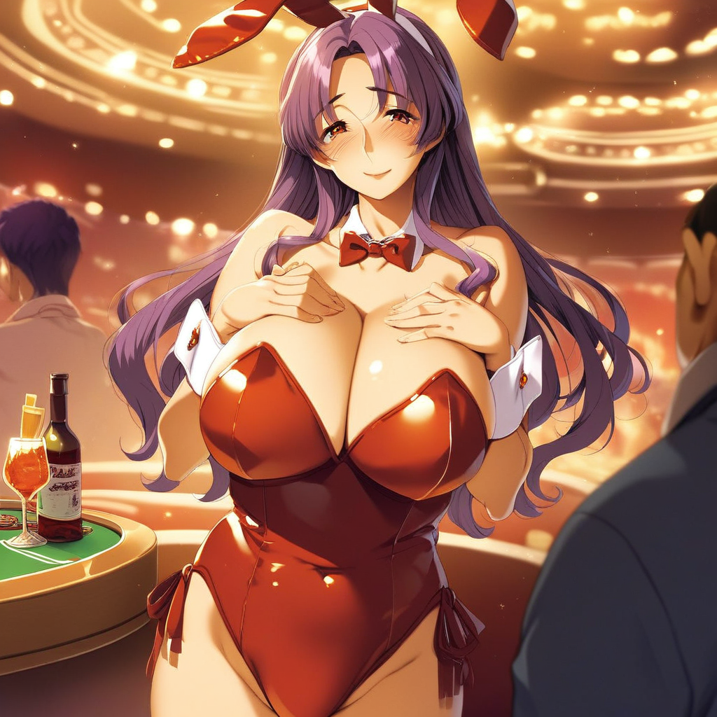 score_9, score_8_up, score_7_up, source_anime BREAK cowboy shot, hetero, indoors, casino, 1girl, solo focus, female focus, mature female, curvy, long hair, purple hair, parted bangs, sidelocks, red eyes, looking at viewer, blush, smile, breasts, cleavage, collarbone, neckless, standing, alcohol, cocktail, leotard, fake bunny ears, playboy bunny cosplay, hairband, playboy bunny, side tie, hands on own chest, rating_questionable