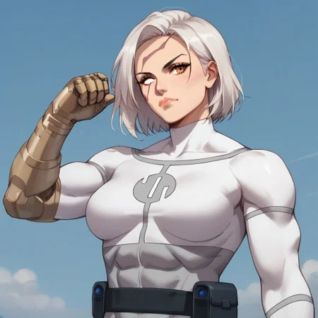 score_9, score_8_up, score_7_up, score_6_up, score_5_up, score_4_up, Expressiveh, 1 girl, solo, Conquest-ISV-V1.0 mature woman, conquest, white hair, amber eye, white eye, viltrumite_bodysuit, camera_belt, single_mechanical_arm, face_scar athletic female, muscular female. amber eye, superhero pose. blue sky background, upper body focus