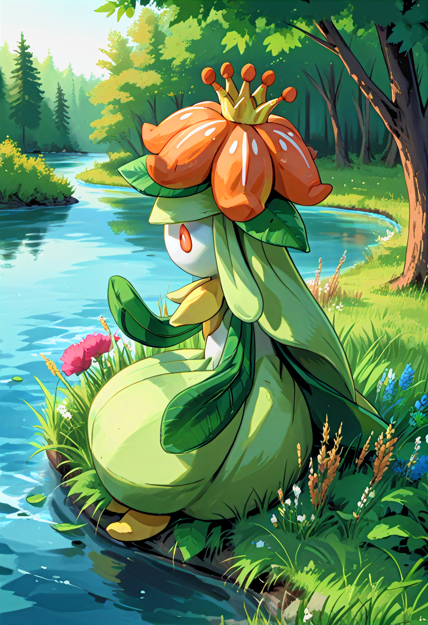 score_9, score_8_up, score_7_up, source_anime,
((masterpiece, extremely detailed)), sharp, 4K bright colors, pastel colors BREAK
background: forest, tall grass, leaves, flowers, sunbeam, (river:1.4),  stream, reeds
L1LL1G4NT, orange eyes, orange flower, crown, no mouth, white face, white abdomen, no humans, pokemon (creature), leaf arms, leaf hair, plant girl
sideview, from side, sitting beside stream, singing, musical note 
(anime style:1.3)
 <lora:Lilligant:1>