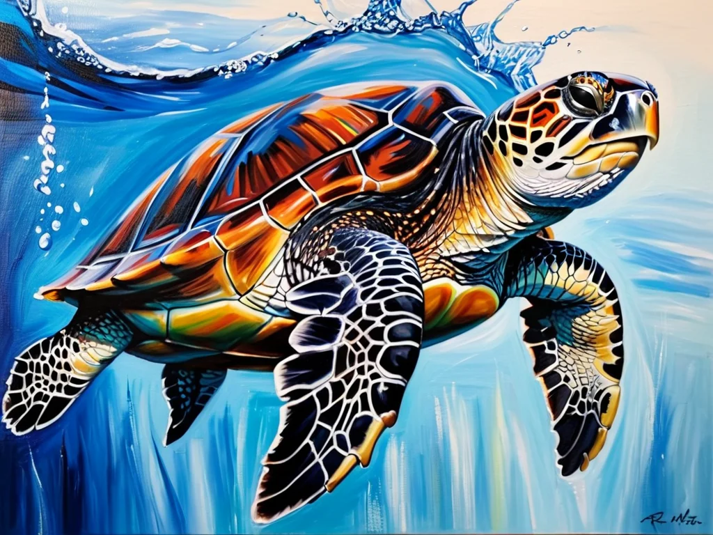 oil painting a turtle swimming style by RM <lora:russ-mills-style:1>