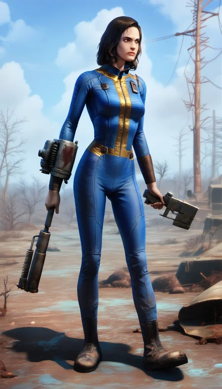 score_9,score_8_up,score_7_up,
<lora:nora:0.9>,fo4nora,
realistic,
1girl,solo,black hair,medium hair,brown eyes,looking to the side,dirty blue jumpsuit,brown bracer,brown boots,full body,standing on a rock,holding a large sci-fi style weapon with both hands,
outdoors,blurry background,post-apocalypse,blue sky,cloud,barren wasteland,wilderness,dry and desolate ground,dead tree,