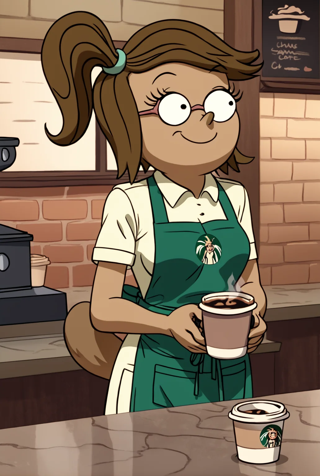 score_9, score_8_up, score_8,
<lora:Eileen_Roberts_Regular_Show_for_PonyXL:0.8> 1girl, furry female, eil33n, brown hair, glasses, side ponytail, tail,
parody, source_cartoon,
coffee shop, apron, uniform, smile,