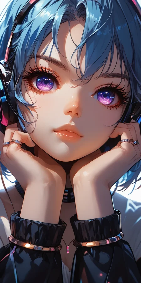 safe_Pos, score_9, score_8_up, score_7_up,
eyesHD, single light source, light on face, highly detailed, neoniniji color,
1girl, solo, looking_at_viewer, short_hair, gloves, jewelry, blue_hair, elbow_gloves, ring, DJ, turntables, sound board,
good_hands,