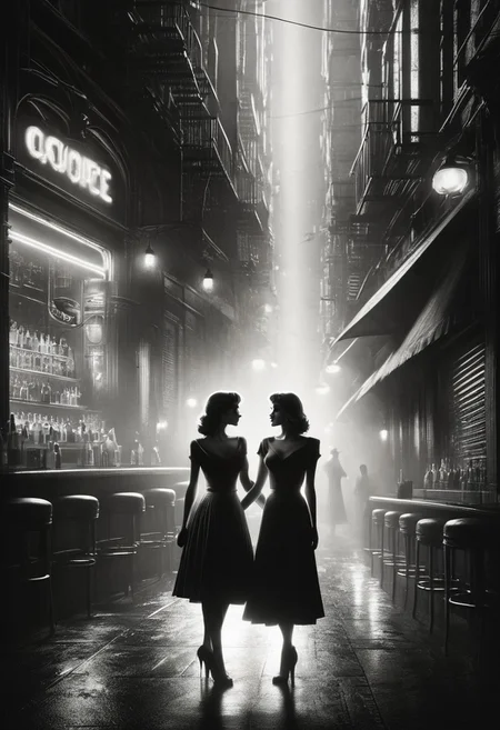 score_9, score_8_up, score_7_up, score_6_up, 2 girls, hugging, being hugged, hugged from behind, mad-sincity, noir, monochrome, very aesthetic, masterpiece, best quality, highres, absurdres, cinematic lighting, dynamic angle, detailed, intricate details, perfection,
BREAK,
2girls, ((duo)), 24yo, beautiful face, full lips, long hair, medium breasts, nightclub, 
BREAK,
short skirt, crop top, waitress, sweater
in a crowded bar, people in the background,