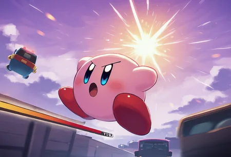 masterpiece, best quality,,detailed_background,indoors,flying,determined,red footwear,kirby \(series\),pink skin,light rays,purple sky,v-shaped eyebrows,shoes,riding,light blush,solo,open mouth,health bar,battle,blue eyes,cloud,truck,nintendo,colored skin,sky,outdoors,highres,suyasuyabi,no humans,kirby,motor vehicle,embers,cloudy sky
