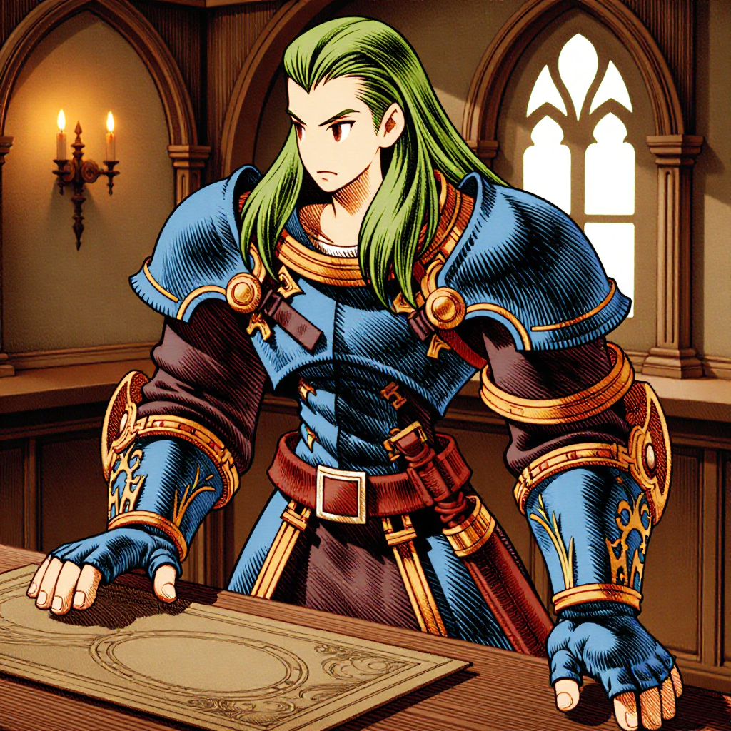 a fftstyle drawing of a  warrior with green hair and a fierce expression on hir face, he is wearing a blue and gold armor with intricate designs and patterns. Sword at his feet, inside a midlevel tavern