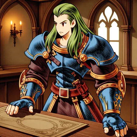 a fftstyle drawing of a warrior with green hair and a fierce expression on hir face, he is wearing a blue and gold armor with intricate designs and patterns. Sword at his feet, inside a midlevel tavern