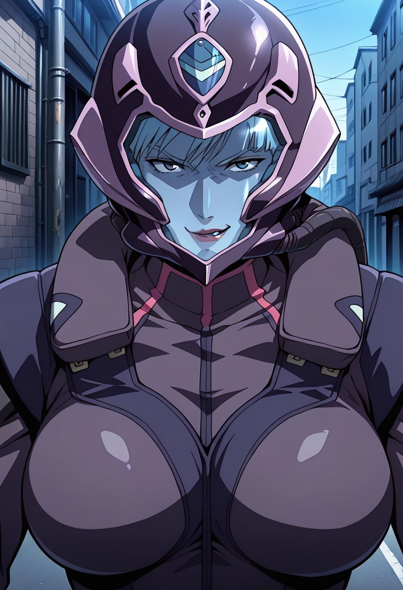 ((masterpiece, absurdres)), best quality, amazing quality, newest, 4k, anime coloring, very aesthetic, ray tracing, Smooth Quality, CG, nora polyansky, 1 mature female, blue color lens pilot helmet, , pilotsuit,upper body,city view, street view,evil smirking