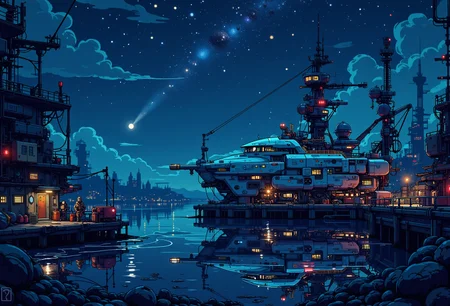 <lora:ck-nc-pastel-cyberpunk:1.0> A digital artwork in the style of cknc, a spacecraft in the docks, scenery is a starry night