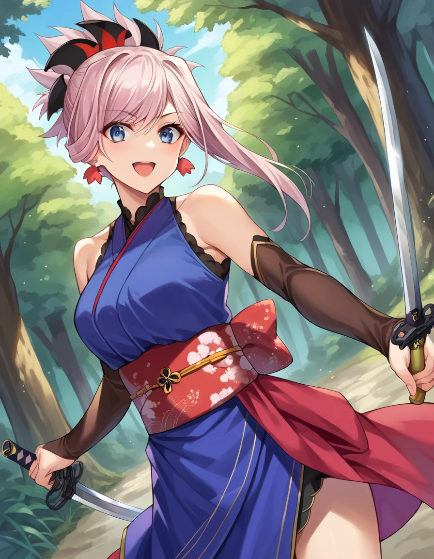score_9, score_8_up, score_7_up, source_anime,
miyamotomusashi, <lora:miyamoto-musashi-ponyxl-lora-nochekaiser:1>,
miyamoto musashi, asymmetrical hair, blue eyes, earrings, hair ornament, pink hair, ponytail, sidelocks, smile,
bare shoulders, blue kimono, detached sleeves, elbow sleeve, japanese clothes, kimono, obi, sash, sleeveless, sleeveless kimono,
outdoors, forest, nature, sword, holding sword, fighting stance, open mouth,
looking at viewer, dutch angle, cowboy shot,