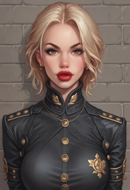 from front, (((front view))), 1girl, illustration, comic style, looking at viewer, highly detailed,
(((front view)))
In a gritty, noir-inspired urban setting bathed in the harsh glow of neon lights, K4TH3R1N3, a striking woman with platinum blonde hair cascading down her back, stands against the cold brick wall of an abandoned warehouse. Her piercing brown eyes are parted, revealing a hint of red lipstick-stained lips as she gazes directly at the viewer, challenging and intriguing in equal measure. The camera angle is low, casting her figure in sharp relief, with the dramatic shadows emphasizing the high collar of her unique outfit: a tailored trench coat made from a shimmering material that catches the light, adorned with intricate, steampunk-inspired metal accents. ((dynamic pose))
((full-clothed)),
BREAK
dynamic pose <lora:Cherry-Gig:0.55> ((((full-clothed)))),
BREAK
((dark room background))) score_9, score_8_up, score_7_up, score_6_up, source_cartoon, rating_explicit, Expressiveh, (((((upper body))))), dynamic pose