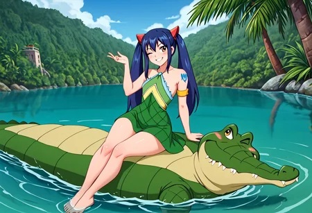 Tick Tock crocodile,fat,giant,male animal, crocodile open large mouth ,green skin, blue eyes, Tick Tock the crocodile is giant and very huge size,teeth,look viewer,Tick Tock the crocodile swimming in the water,belly exposed
,full body,lying on your back in the water,looking at viewer.
high quality, best quality, ultra-detailed, very aesthetic, illustration, perfect composition, intricate details, absurdres, high res image, masterpiece, vibrant colors, beautiful face, detailed face, 1girl, perfect eyes, detailed eyes), female, wendy marvell, long hair, hair ornament, twintails, brown eyes, blue hair,dark skin, thighs, perfect body, narrow-waisted, wide hips, (Wendy_Marvell, bare shoulders, tattoo, armlet, dress, green dress), (blushing, small smile), parted lips,(smile), smug, one eye closed, head on hand,sitting, full body, barefoot, anklet, Wendy is her little size,Wendy is her sitting in the crocodile belly
Palm_trees,jungle, tropical,river,tropical_island,Disney.