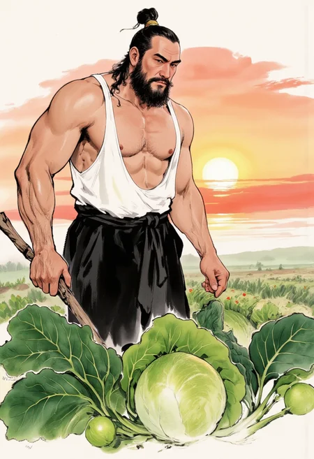 An image in style of ink wash painting, depicting a dadbod, shirtless Chinese farmer with a beard and long black hair tied in a bun. He stands in a field at sunset, holding a hoe. His attire includes a white sleeveless shirt and dark pants. The sky is painted in warm hues of orange and pink, reflecting on the lush green vegetables in the foreground. The scene is serene, with soft, natural lighting. The camera angle is slightly low, emphasizing the farmer's stature.
<lora:Shuimozhuangshi_Ink_wash_painting_style_v2.7:1> <lora:Dadbod_Flux:0.5>