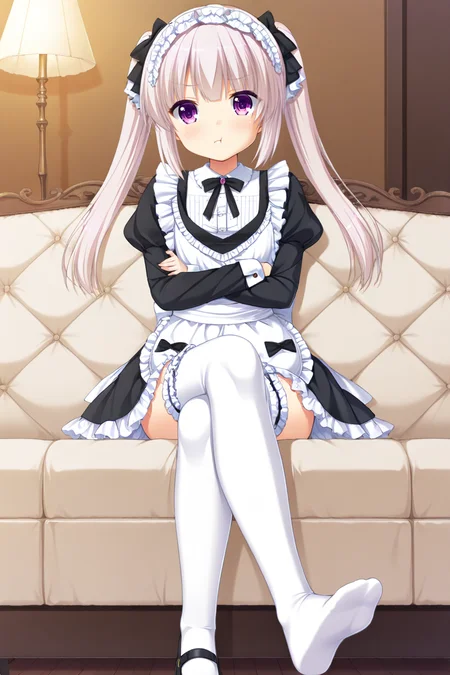 masterpiece,best quality,amazing quality,highres,scenery,newest,1girl,official style,caminalle,long hair,purple eyes,bangs,caminalle maid, twintails,apron,frills,bow,maid,long sleeves,black dress,dress,maid headdress,juliet sleeves,frilled apron,puffy sleeves,white apron,hair bow,black bow,<lora:GoldenLoveriche-caminalle-V1:1>,bedroom,looking at viewer,sitting,sofa,from below,crossed arms,white frilled thighhighs,soles,white thighhighs,(no toes:1.3),cross legs,mary janes,:t,sulking,