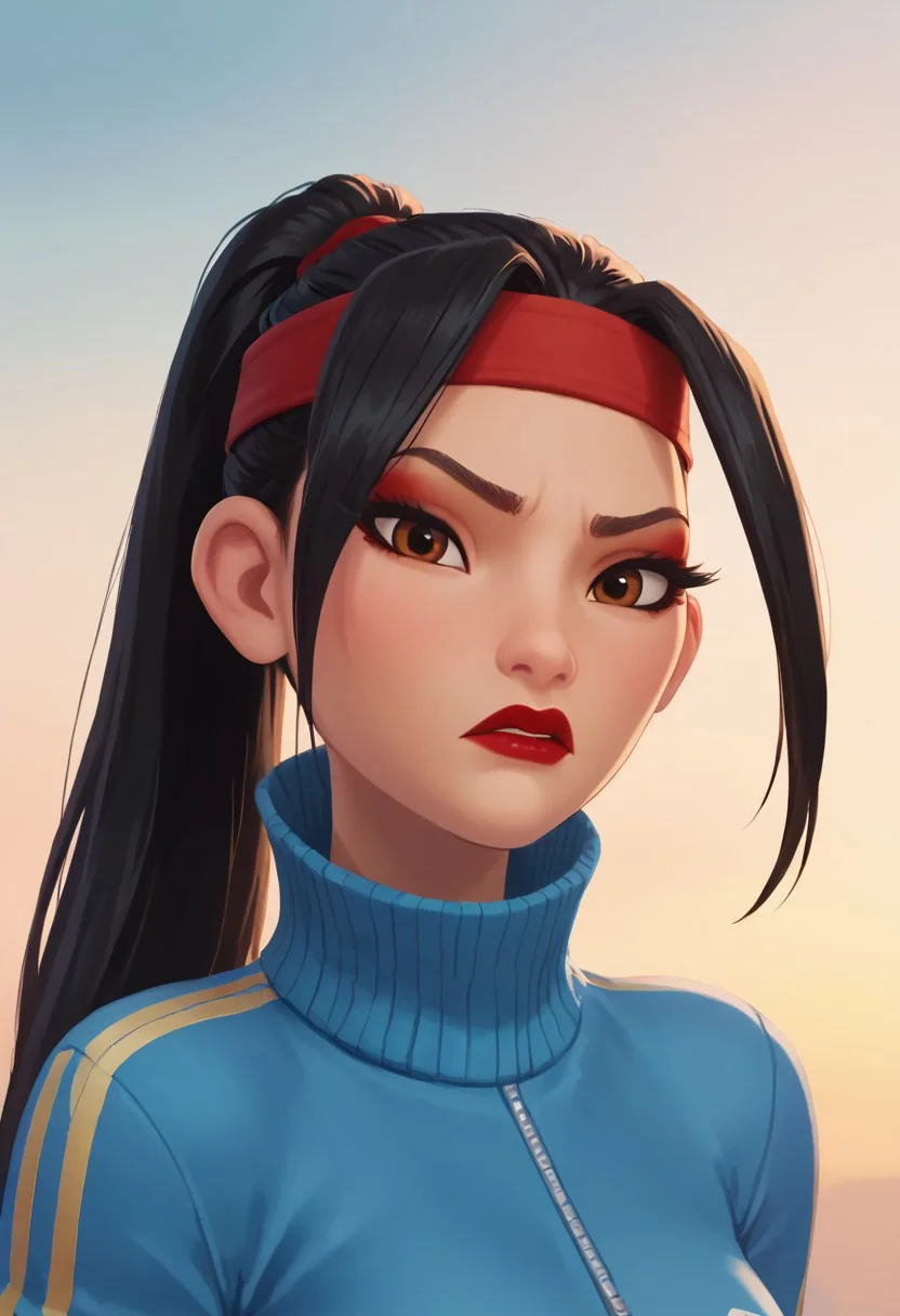 score_9, score_8_up, score_7_up, ultra quality, solo, 1girl, chang'e_tt, 1girl, asian, high ponytail (black hair, red headband), big eyelashes, brown eyes, makeup, red eyeshadow, red lipstick, red nails, red wristbands, blue track jacket (turtleneck, wide sleeves), light blue spandex, angry, pouting, big hips, big butt, bubble butt, breasts, narrow waist, curvy, score_9, score_8_up, score_7_up, score_6_up, looking at the viewer, standing, close up, view from above, face focus, screencap