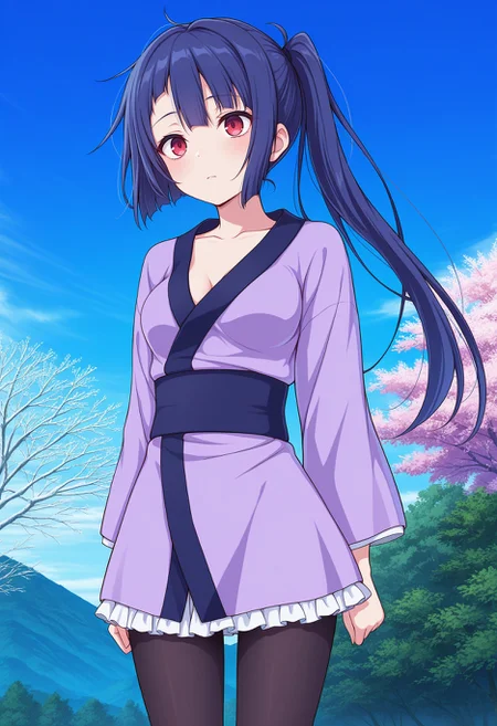 masterpiece, best quality, amazing quality, very aesthetic, high resolution, ultra-detailed, absurdres, <lora:amtsk-il:1> 1girl, amatsuku, kimono, red eyes, solo, black pantyhose, (official art:1.5), breasts, frills