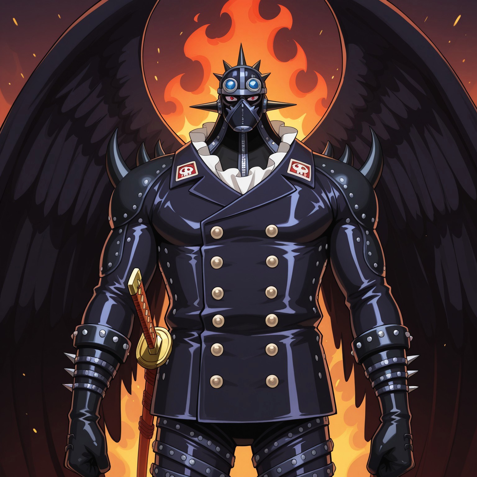 OPKing, 2d, 1boy, solo, human, male, manly, tall, black wings, red eyes, black leather uniform, long sleeves, black leather pants, black leather mask, zipper, black bands, black spikes, head spikes, black horn, black gloves, glove spikes, blue-lensed goggles, buttons, black boots, white ruffles, sheathed katana 

BREAK close up, Upper body focus, standing, facing viewer