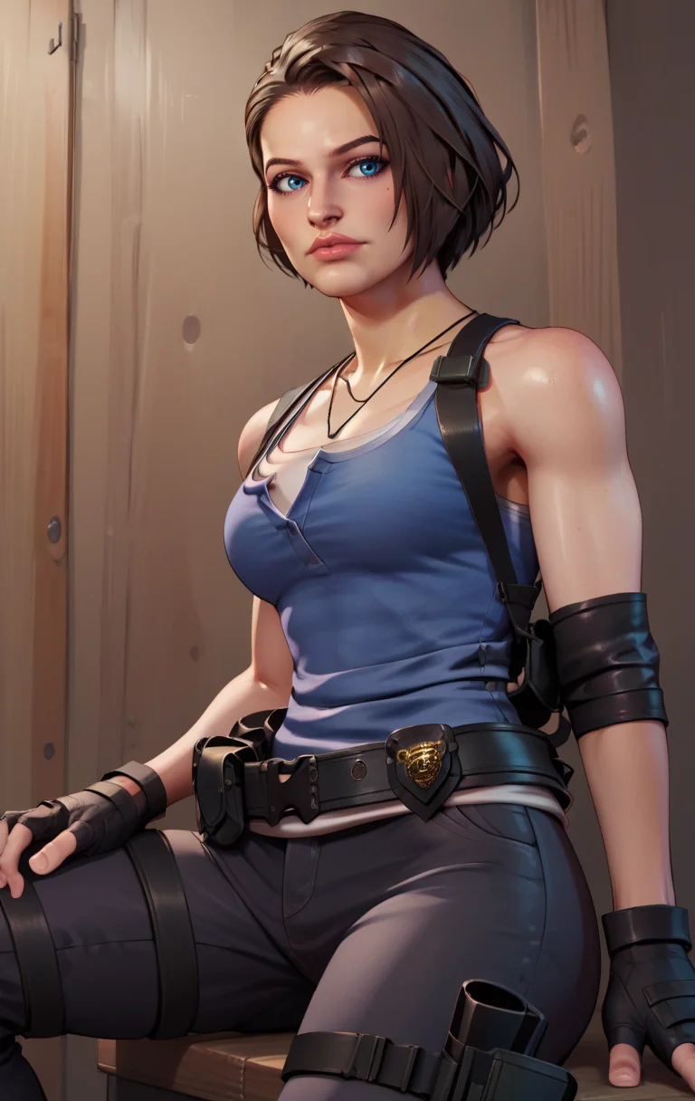 score_9, score_8_up, score_7_up, BREAK <lora:jillSDXL:1> jillvalentineSDXL, 1girl, solo, short hair, chestnut hair, blue eyes, gloves, jewelry, standing, black gloves, belt, pants, fingerless gloves, necklace, black footwear, lips, tank top, realistic, holster, thigh holster, jill valentine, cowboy shot, sitting